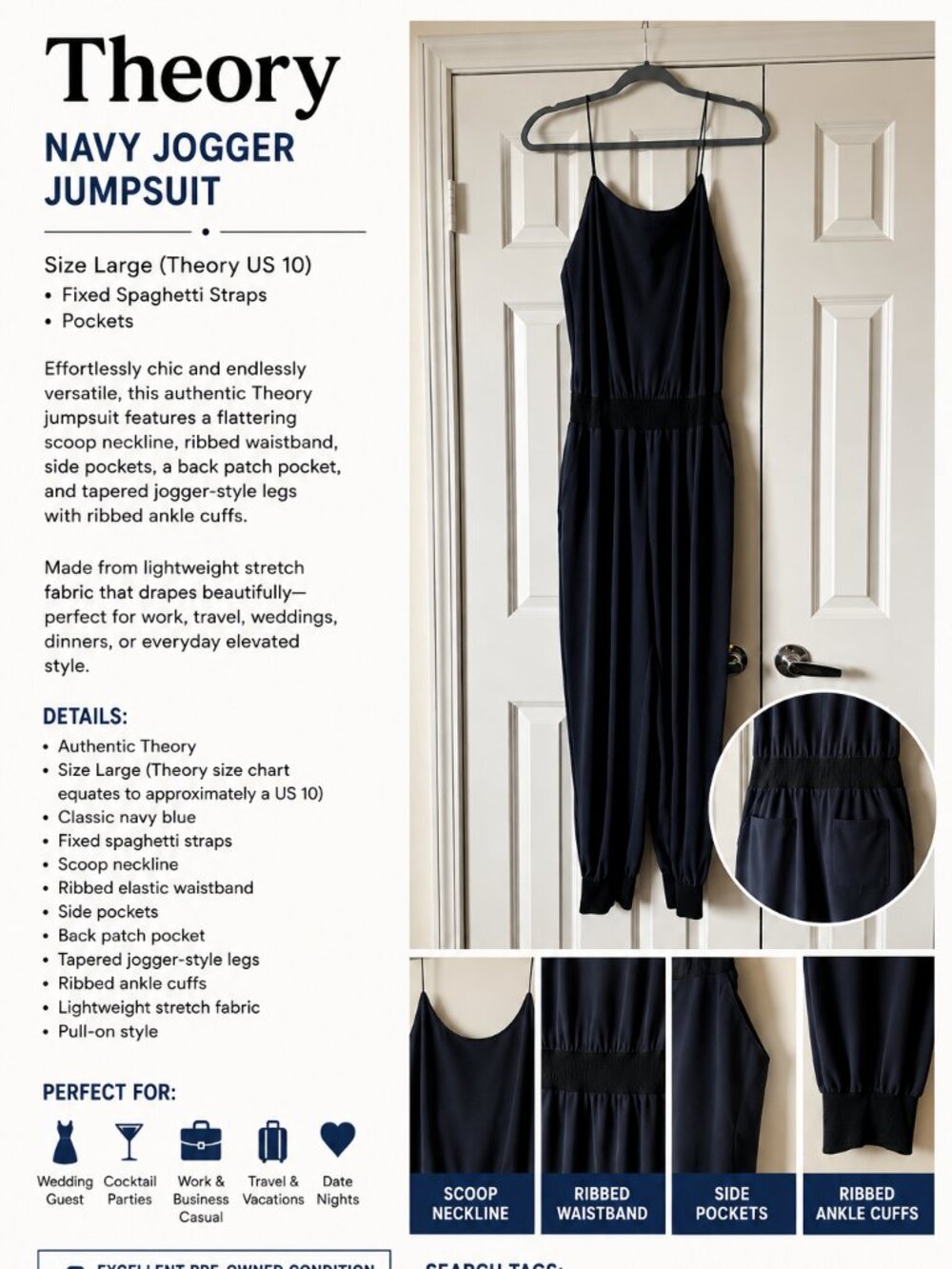 Theory Drapey Crepe Tank Jumpsuit | Navy | Size Large (US 10)